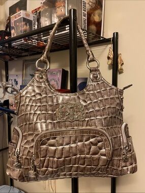 Kathy Van Zeeland Silver/Taupe Croc Embossed Shoulderbag